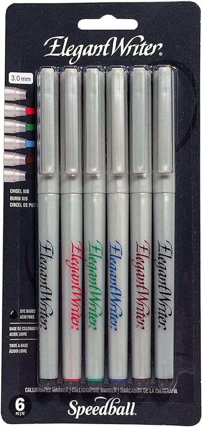 Speedball Elegant Writer Calligraphy 6 Marker Set, 3.0 mm Chisel Nib Tip Pens by SpeedballArt