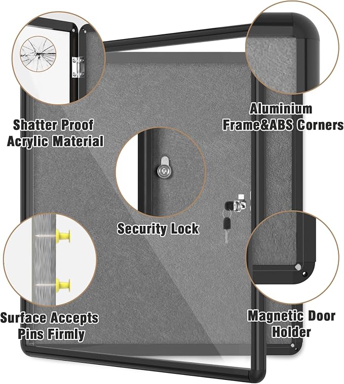 Mifuro 28"x26" Enclosed Bulletin Board, Lockable Weather-Resistant Aluminum - Image 3