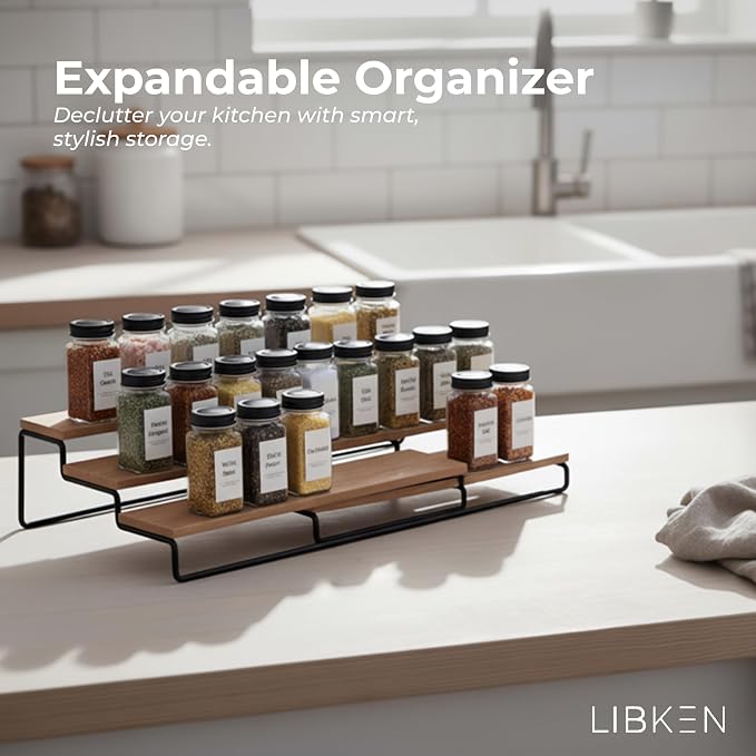 LIBKEN Tiered Spice Rack Organizer – Wood & Metal Countertop & Cabinet Spice - Image 2