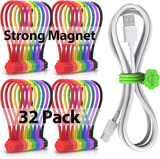 SOOOEC Snap On Magnetic Cable Ties, 32 Pack 7.2" Magnetic Cord Organizer Cute by SOOOEC