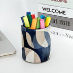 Leather Pen Holder for Desk, Abstract Geometric Blue Brown Print Pencil Cup - Image 5