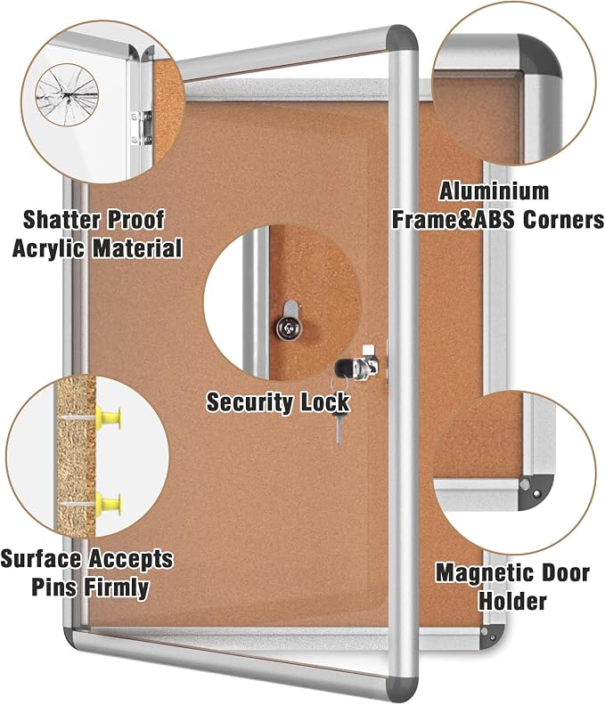 Mifuro 26"x20" Enclosed Bulletin Board, Lockable Weather-Resistant Aluminum - Image 3