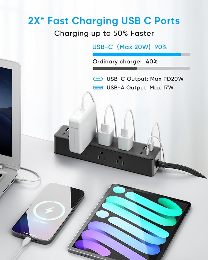 Flat Plug Desk Clamp Power Strip 15FT, 40W Total Fast Charging Station - Image 3