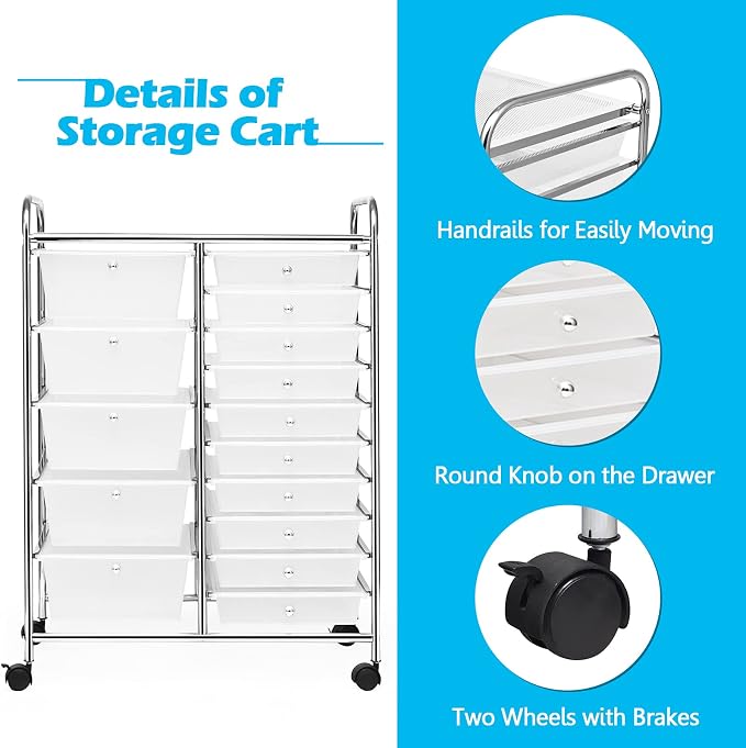 DORTALA 15-Drawer Rolling Storage Cart - Image 6