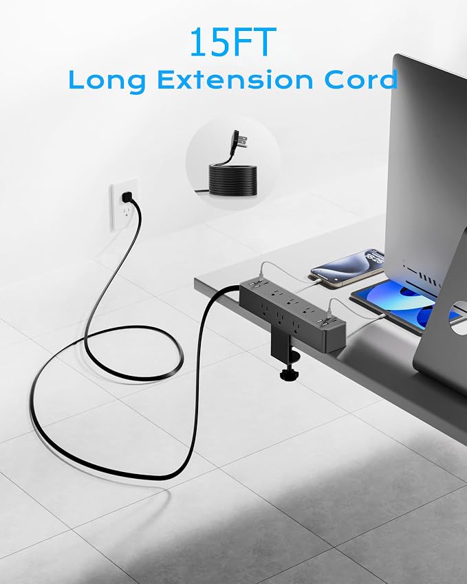 Flat Plug Desk Clamp Power Strip 15FT, 40W Total Fast Charging Station - Image 4