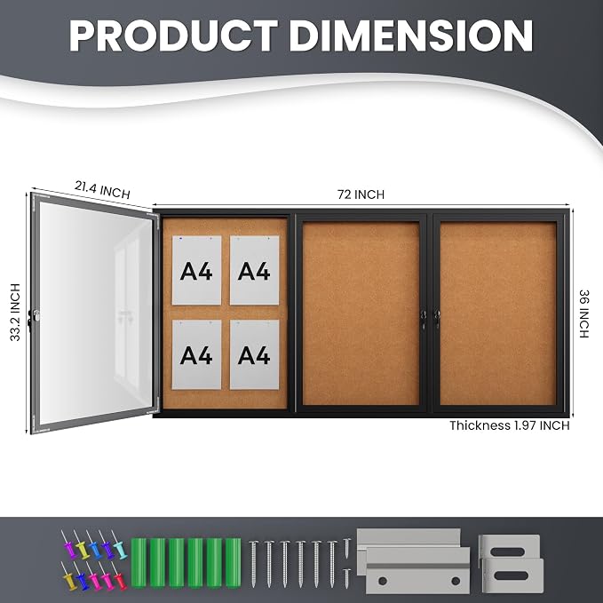 72"x36" Lockable Enclosed Bulletin Board, Outdoor Cork Weather-Resistant - Image 4