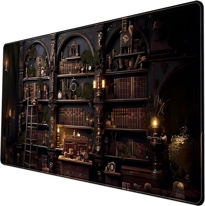 Black Vintage Gothic Desk Mat Black Dark Academia Desk Pad Medieval Bookshelf by LuckyCow
