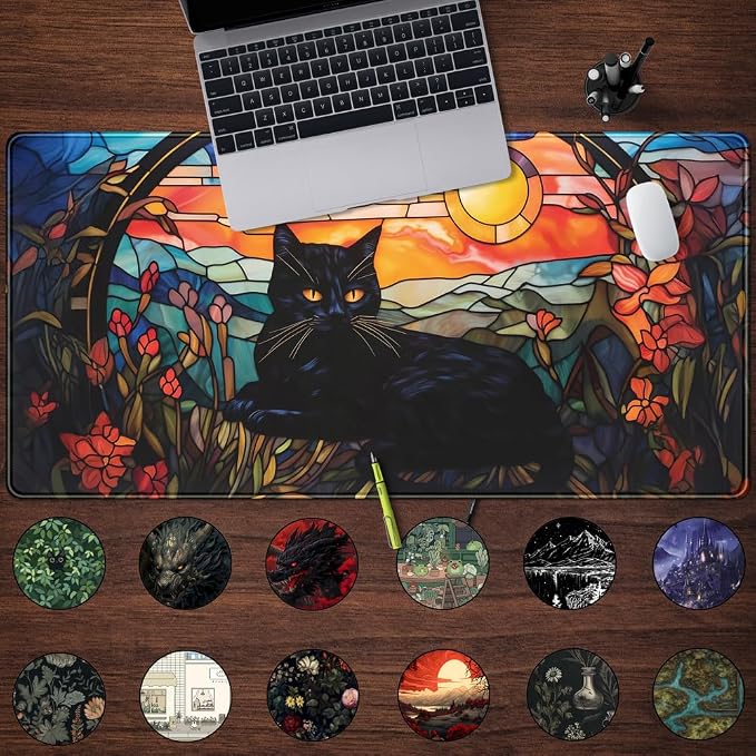 Black Cat Desk Mat Vintage Sunset Desk Mouse Keyboard Pad, XXL Large Mouse Pad - Image 2