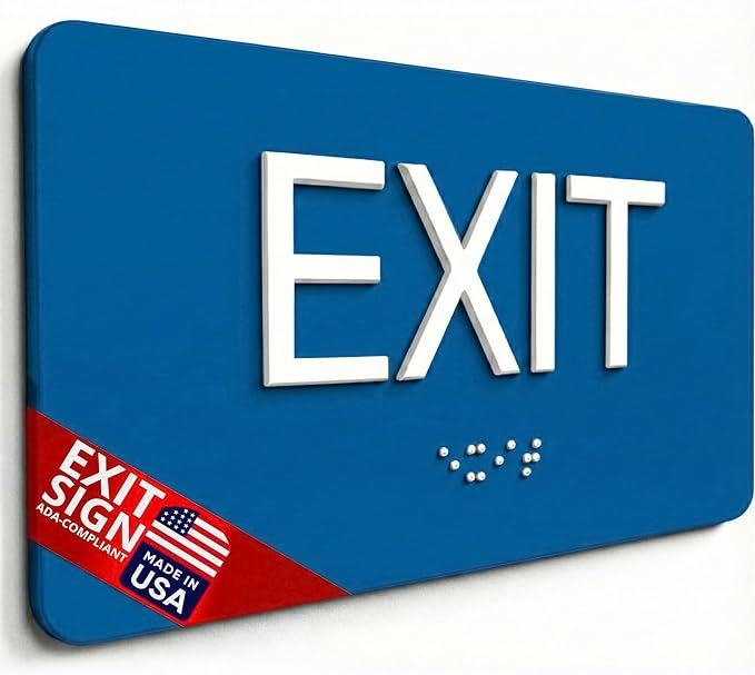 NAP TAGS ADA-compliant Exit Sign. Features raised text and Braille on a blue by NapTags