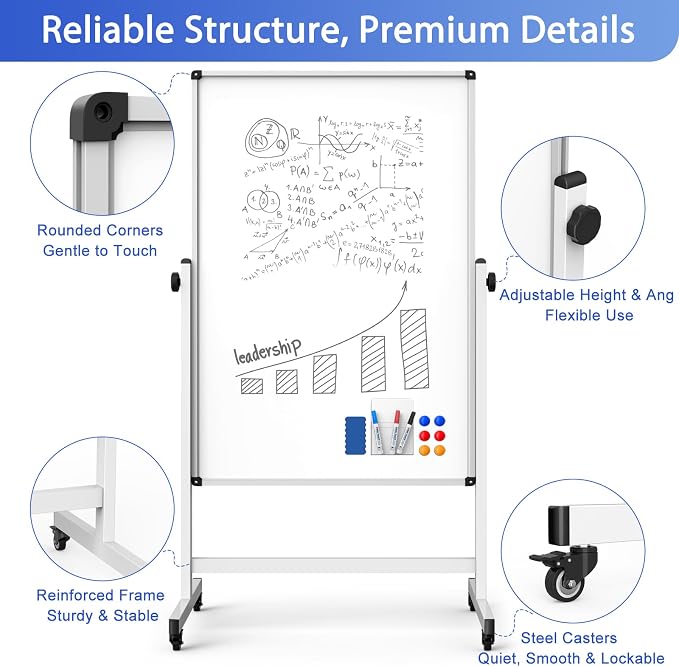 Double-Sided Whiteboard and Corkboard on Wheels, 48 x 32 Inch Magnetic Dry - Image 3