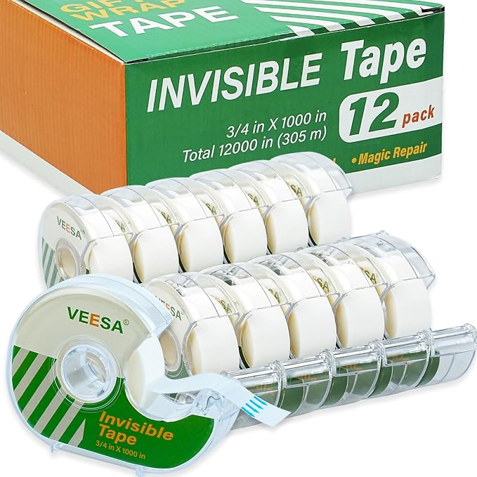 Invisible Tape, 12 Dispensered Rolls, 3/4 x1000 Inches, Matte Finish, Gift by VEESA
