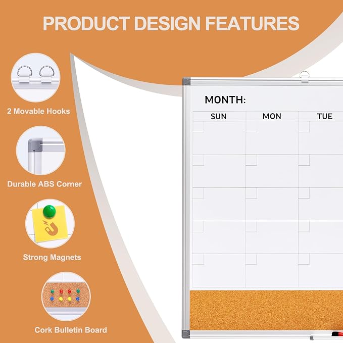 Comix Dry Erase Calendar Whiteboard Corkboard Combo, 36 * 24 inch Monthly - Image 2