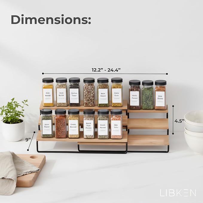 LIBKEN Tiered Spice Rack Organizer – Wood & Metal Countertop & Cabinet Spice - Image 3