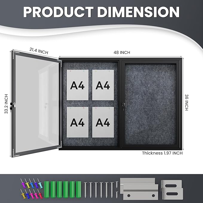 48"x36" Lockable Enclosed Bulletin Board, Outdoor Flet Weather-Resistant - Image 4