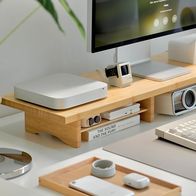 ROCDEER Bamboo Dual Monitor Stand Riser Natural, 2-Tier Desk Monitor Riser - Image 8