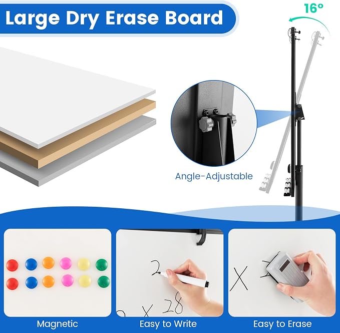 Goplus 40” x 26” Rolling Whiteboard, Height Adjustable Magnetic Dry Erase Board - Image 4