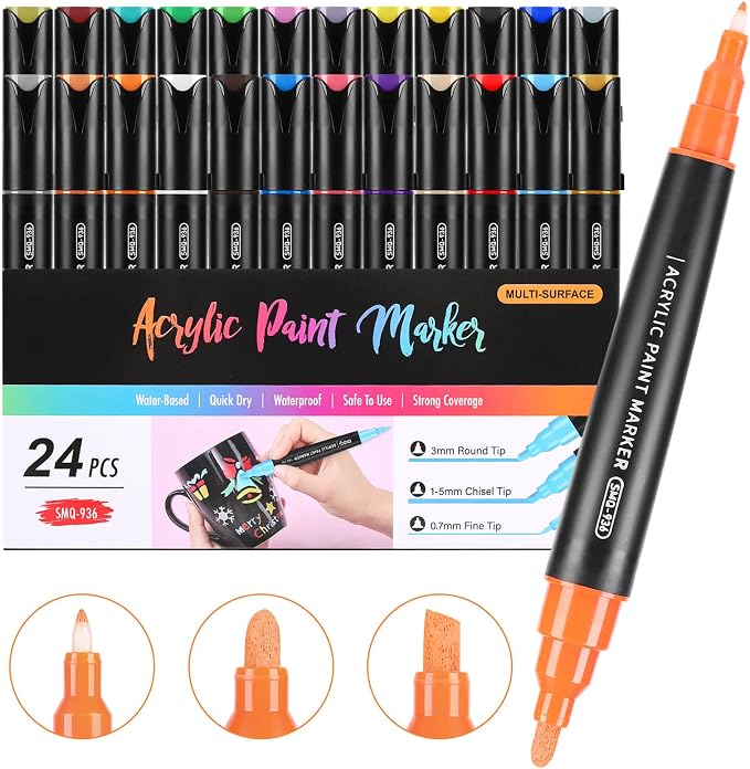 Coogert 24 Colors Three Tips Acrylic Paint Markers, Fine Medium Chisel Tip by CoogertPaintPens