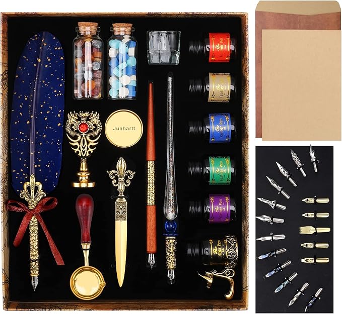 Junhartt Quill Feather Pen and Ink Set, Calligraphy Pen Glass Dip Pen and Wax by Junhartt