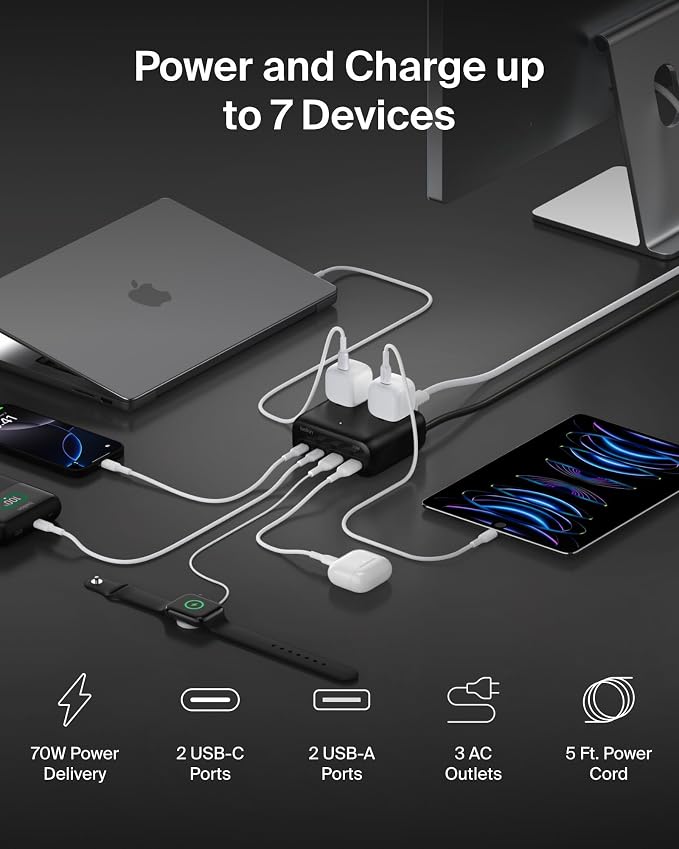 Belkin GaN Charging Station 70W, 7-in-1 Dual USB C Charger w/ 3X AC Outlets - Image 2