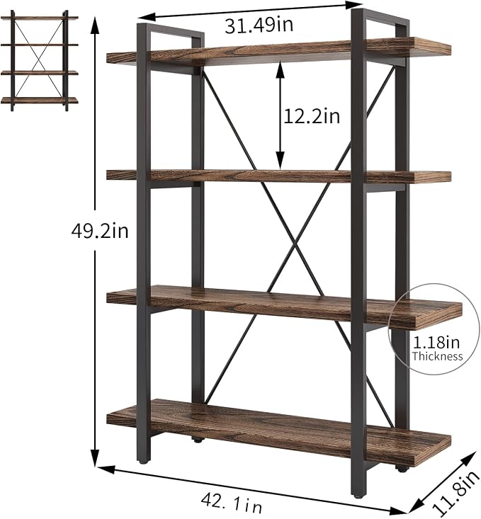 4 Tier Bookshelf Solid Wood Bookcase and Book Shelves Wood and Metal Shelving - Image 2