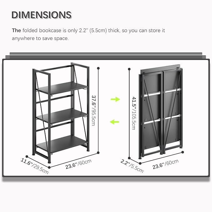 4NM No Assembly Folding Bookshelf Storage Shelves 3 Tiers Vintage Bookcase - Image 2