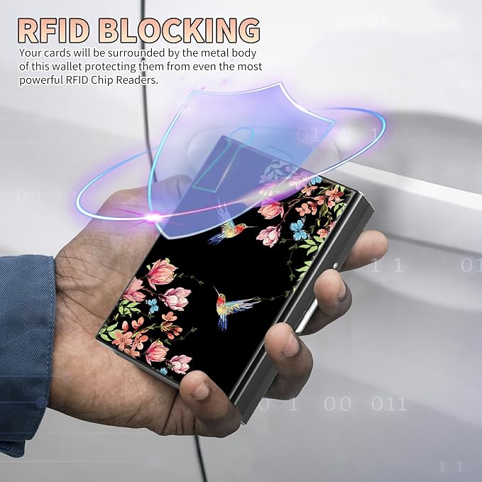 BWEGRHE Slim Credit Card Holder, Hummingbird Floral Sakura RFID Blocking Metal - Image 3