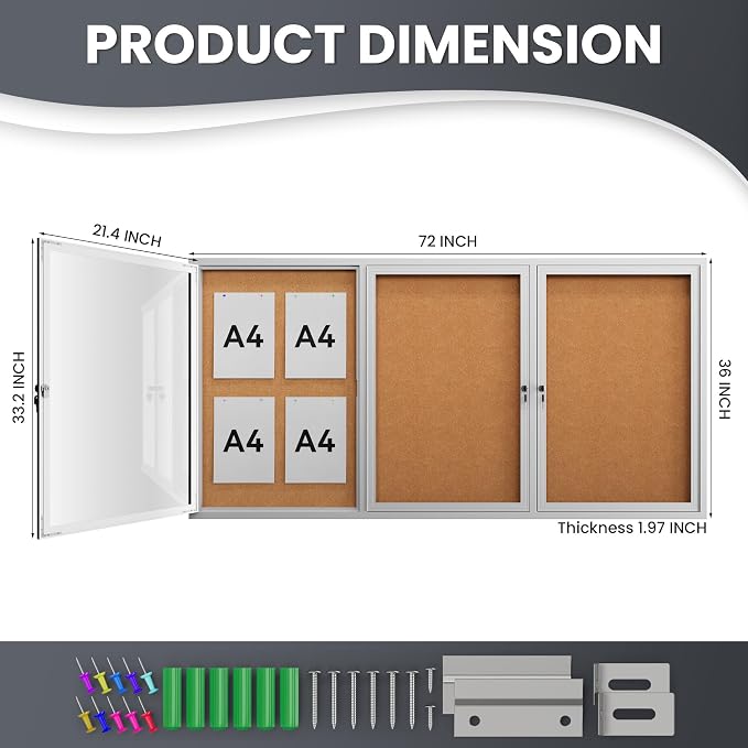 72"x36" Lockable Enclosed Bulletin Board, Outdoor Cork Weather-Resistant - Image 4