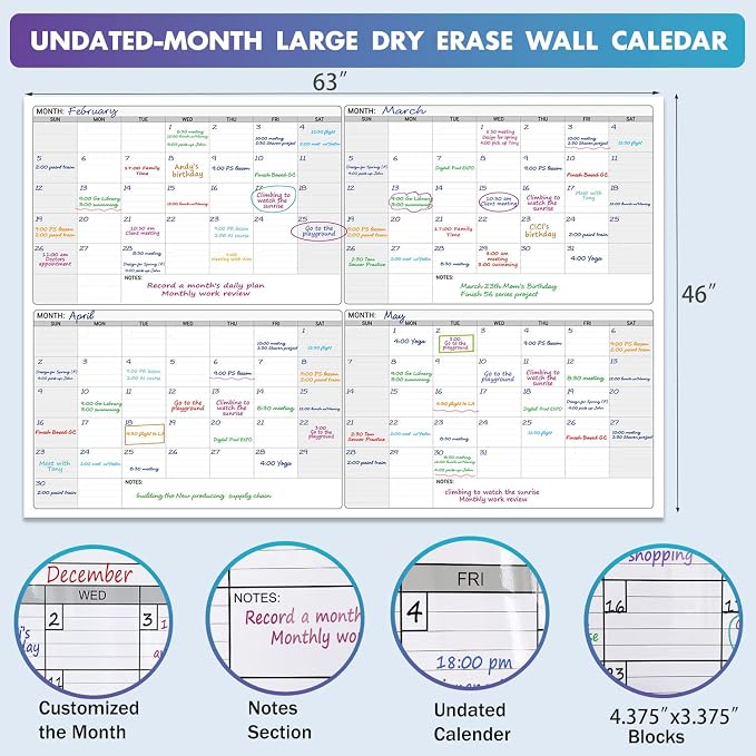 Dry Erase Four Month Laminated Jumbo Wall Calendar, Huge Quarterly Laminated - Image 3