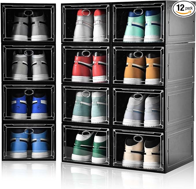 Amllas 12 Pack Shoe Boxes Stackable, Upgraded Sturdy Shoe Storage Boxes by Amllas