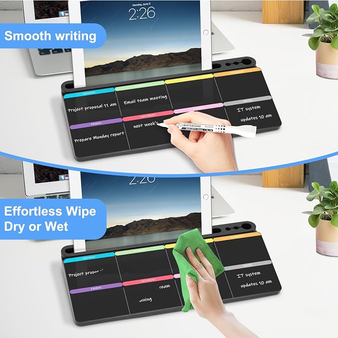 Desktop Glass Whiteboard with Storage, Colorful Weekly Calendar Desk Dry Erase - Image 4