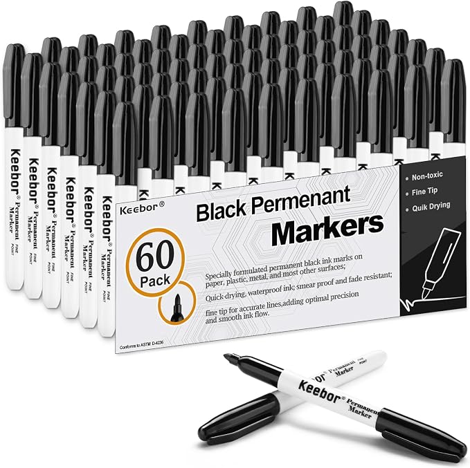 Keebor Permanent Markers Bulk, 60 Pack Black Permanent Markers, Quick Drying & by Keebor