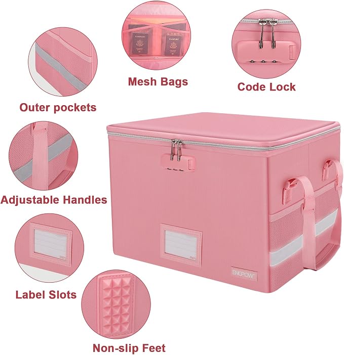 ENGPOW File Box with Lock, Fireproof Document Box with Zipper＆Pockets, - Image 4