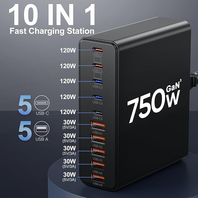 750W USB C Charger Block, 10-Port Charging Station GaN Fast Charging Type C & - Image 2