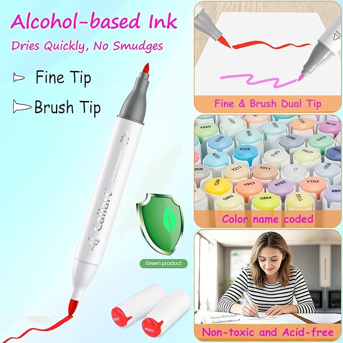 Caliart Alcohol Markers Brush Tip, 51 Colors Dual Tip Artists Coloring Markers - Image 2