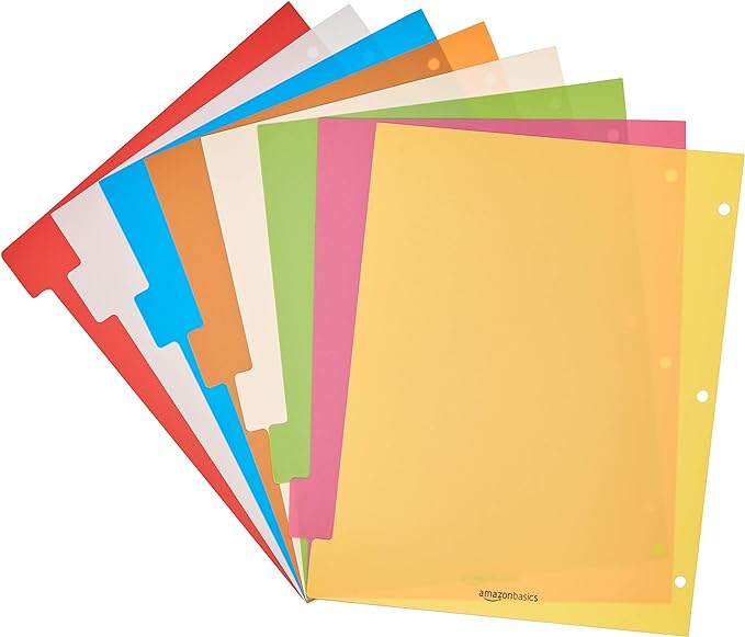 Amazon Basics Durable Multicolor 3-Ring Binder Plastic Divider Set - Image 3
