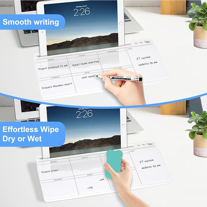 Desktop Glass Whiteboard with Storage, Weekly Calendar Desk Dry Erase White - Image 6