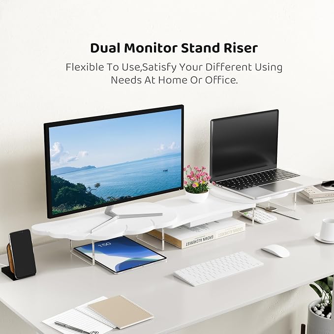 AFOOYO Dual Monitor Stand Riser, Wing-Shaped Sturdy Desktop Wood Stand - Image 2