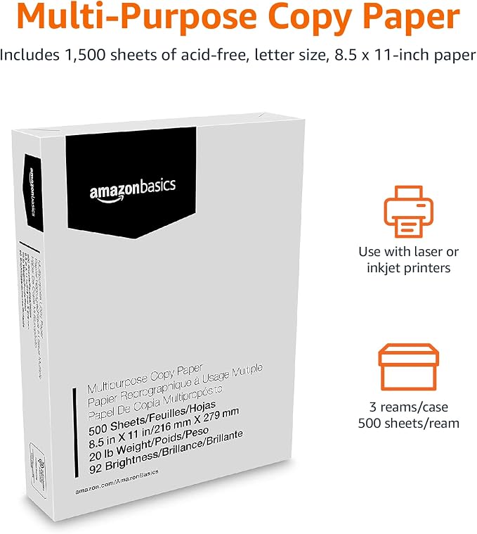 Amazon Basics Multipurpose Copy Printer Paper, 20 lb, 8.5 x 11 Inches, 3 Reams - Image 2
