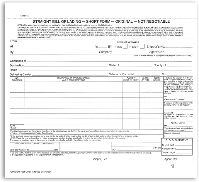 NextDayLabels - Short Form Straight Bill of Lading, 8-1/2 x 7", 3 Part NCR by NextDayLabels