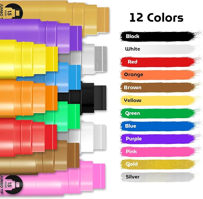 BIGTHUMB Jumbo Poster Markers Set: 12 Colors Large 15mm Wide Tip Permanent Ink - Image 2