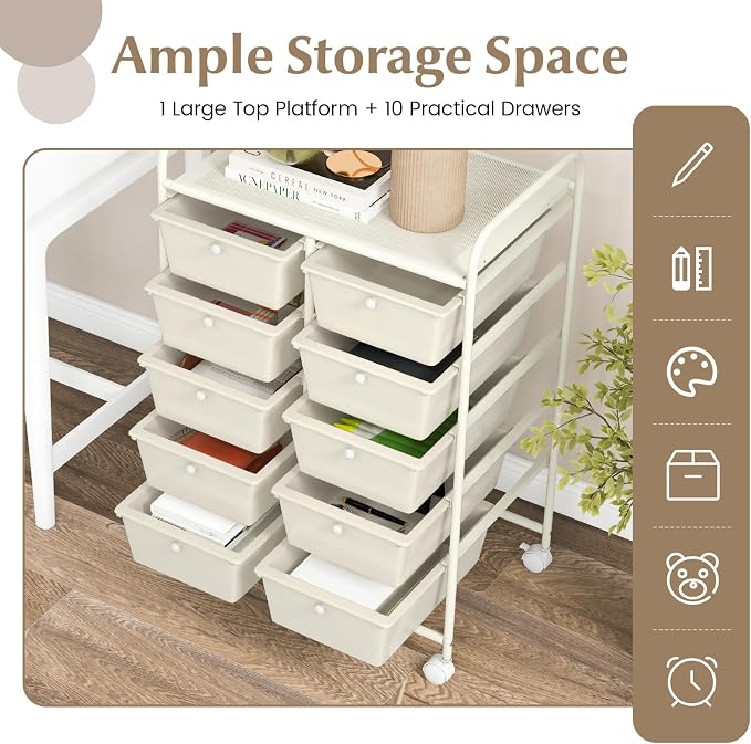 GOFLAME 10-Drawer Rolling Storage Cart, Art Craft Storage Organizer on Wheels - Image 4