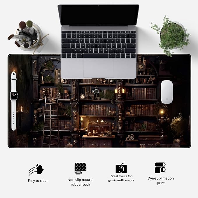 Black Vintage Gothic Desk Mat Black Dark Academia Desk Pad Medieval Bookshelf - Image 2