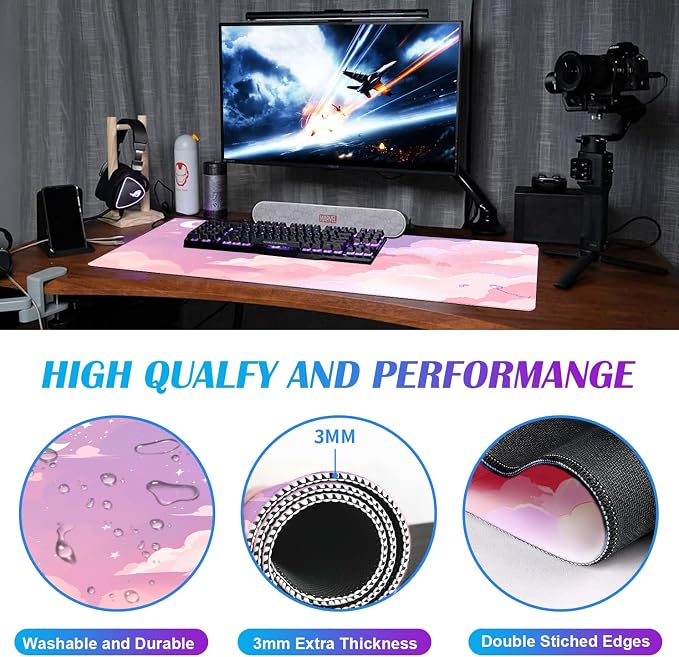 Cute Anime Cloud Desk Mat, Beautiful Pink Stitching Edge Non Slip Rubber Mouse - Image 4