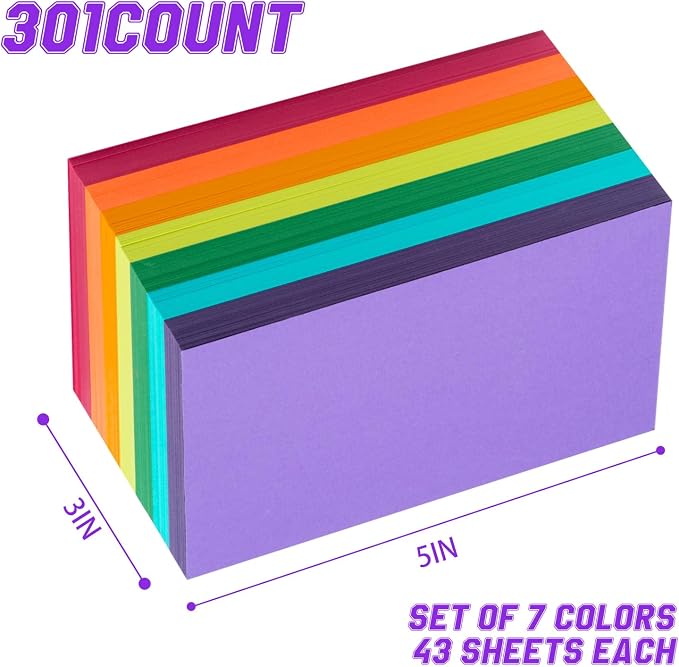 Index Cards 301-Count 3x5 Inch, 178GSM Heavyweight Set of 7 Colors Paper - Image 2