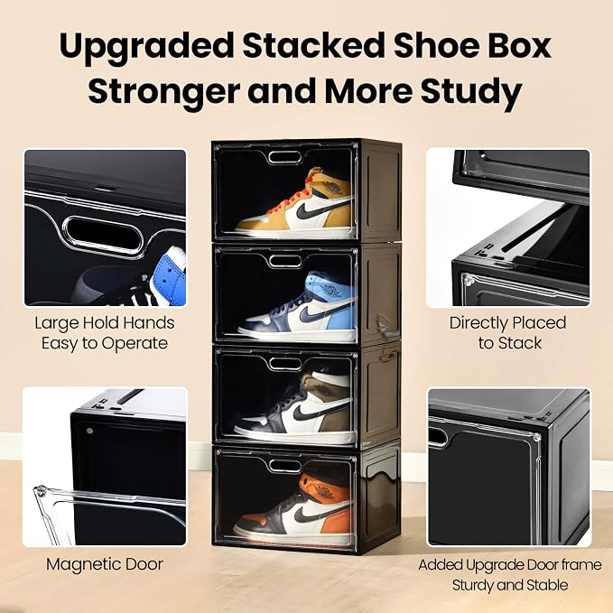 Amllas 8 Pack Shoe Boxes Black Plastic Stackable, Large Shoe Storage Organizer - Image 3
