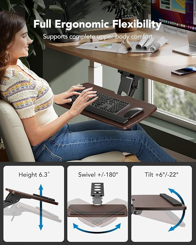 HUANUO Keyboard Tray Under Desk，360 Adjustable Ergonomic Sliding Keyboard & - Image 3