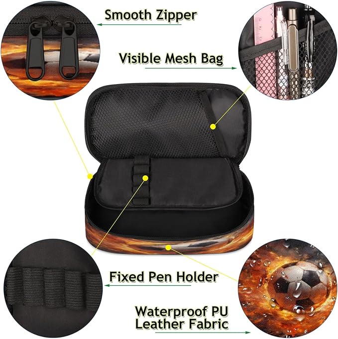 Pardick Football Fire Pencil Case，Big Capacity Pencil Pouch Coin Pouch - Image 5