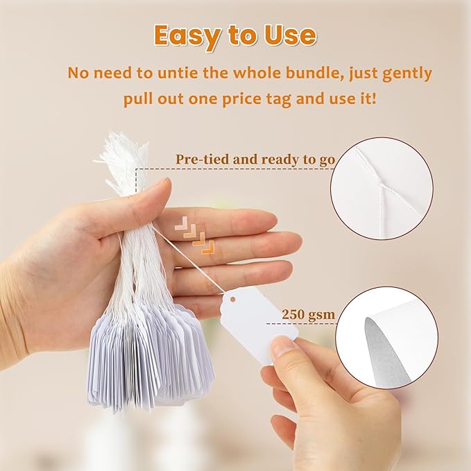 1000 PCS White Price Tags with String Attached, 1.75 x 1.1 Inches, Goefun - Image 3