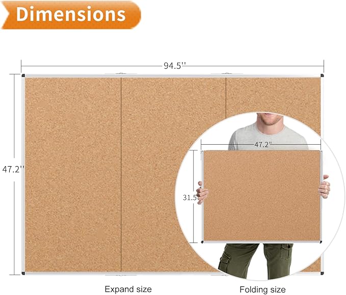 VIZ-PRO 96" x 48" Large Cork Bulletin Board, Foldable & Wall-Mounted Notice Pin - Image 3