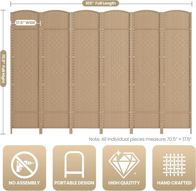 Cocosica 6 Panel Room Divider, 6Ft Folding Privacy Screen, Tall - Image 3